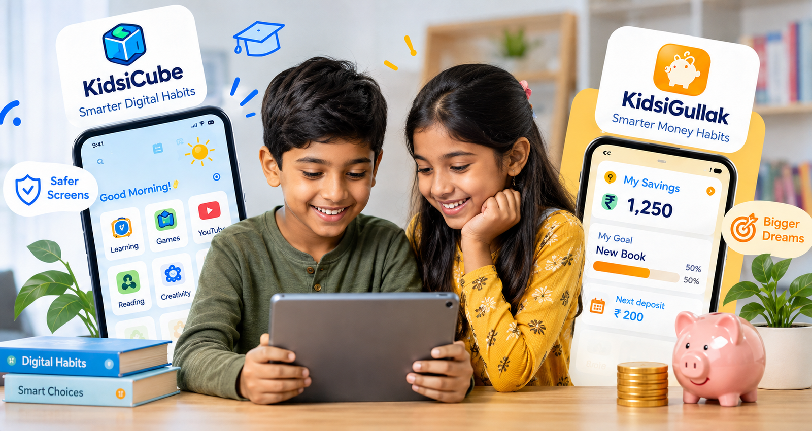 Two kids using a tablet and phones, with KidsiCube and KidsiGullak app callouts showing smarter digital and money habits